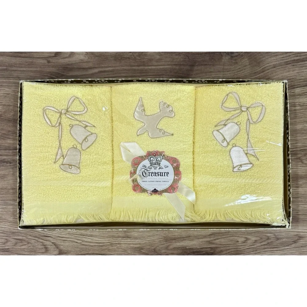 NOS Vintage Cannon Yellow Hand Towels Bells Dove Wedding Gift Christmas 3 Pc USA